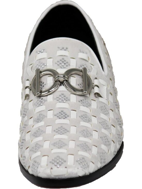 PARRAZO Men\'s White Glitter Rhinestone Loafers Metal Buckle Slip On Formal Shoes main image 4